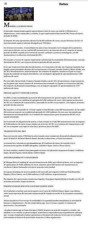 Las fusiones y adquisiciones caen un 20% en Espaa hasta mayo y el importe se reduce un 25%, segn TTR Data